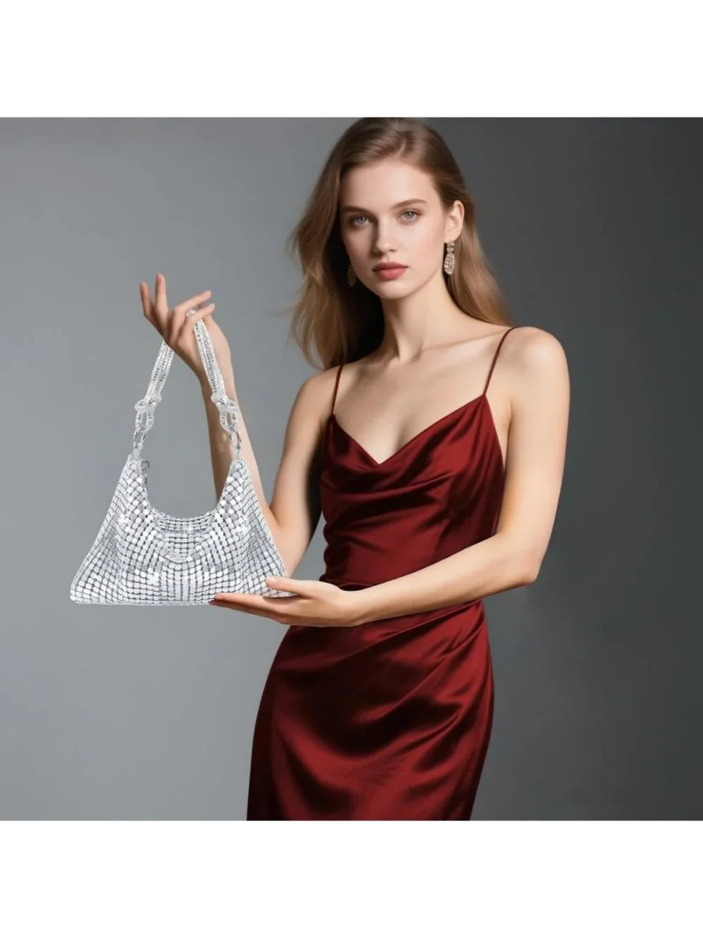 Women's Silver Rhinestone Evening Sparkly Crystal Slouchy Shoulder Clutch Purse